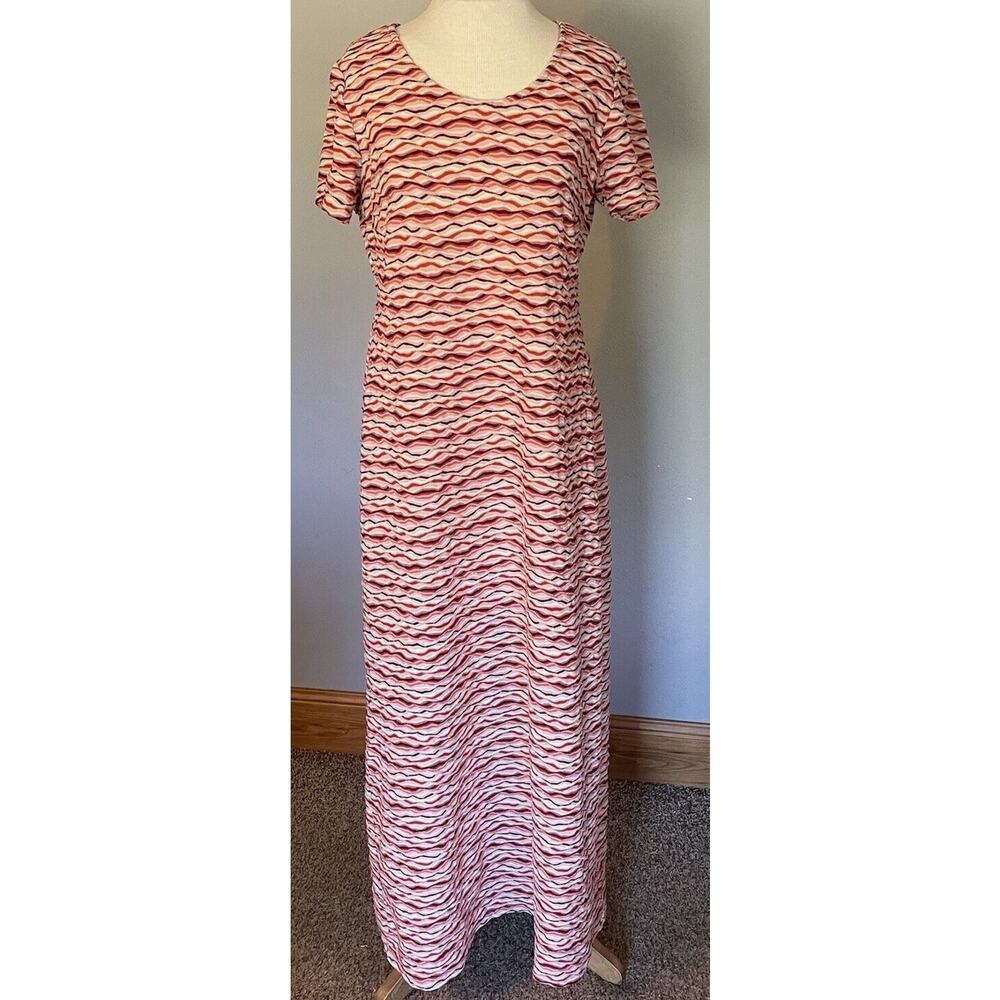 Vintage 90s Textured Wavy Maxi‎ Dress Red Pink Chevron Stretchy Retro Fall L
